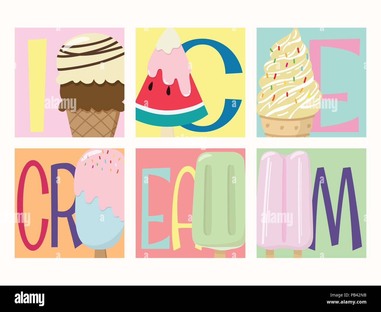set of creative vector tasty colorful ice cream collection with many flavor illustrations with text icecream isolated on colorful background Stock Vector
