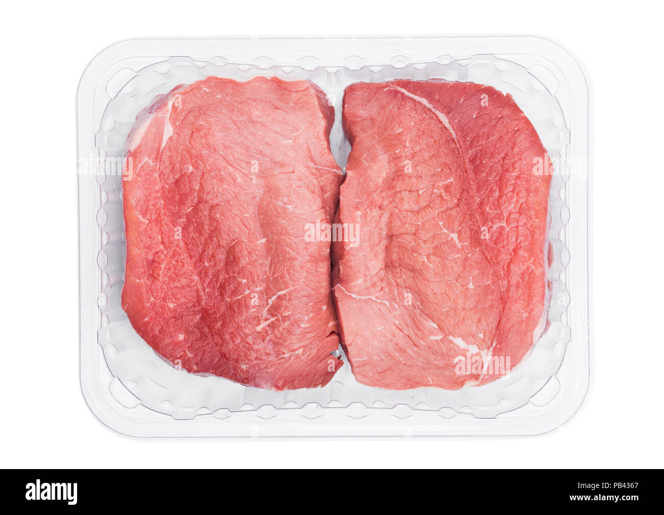Download Plastic Tray With Fresh Raw Beef Steak Slices On White Background Stock Photo Alamy