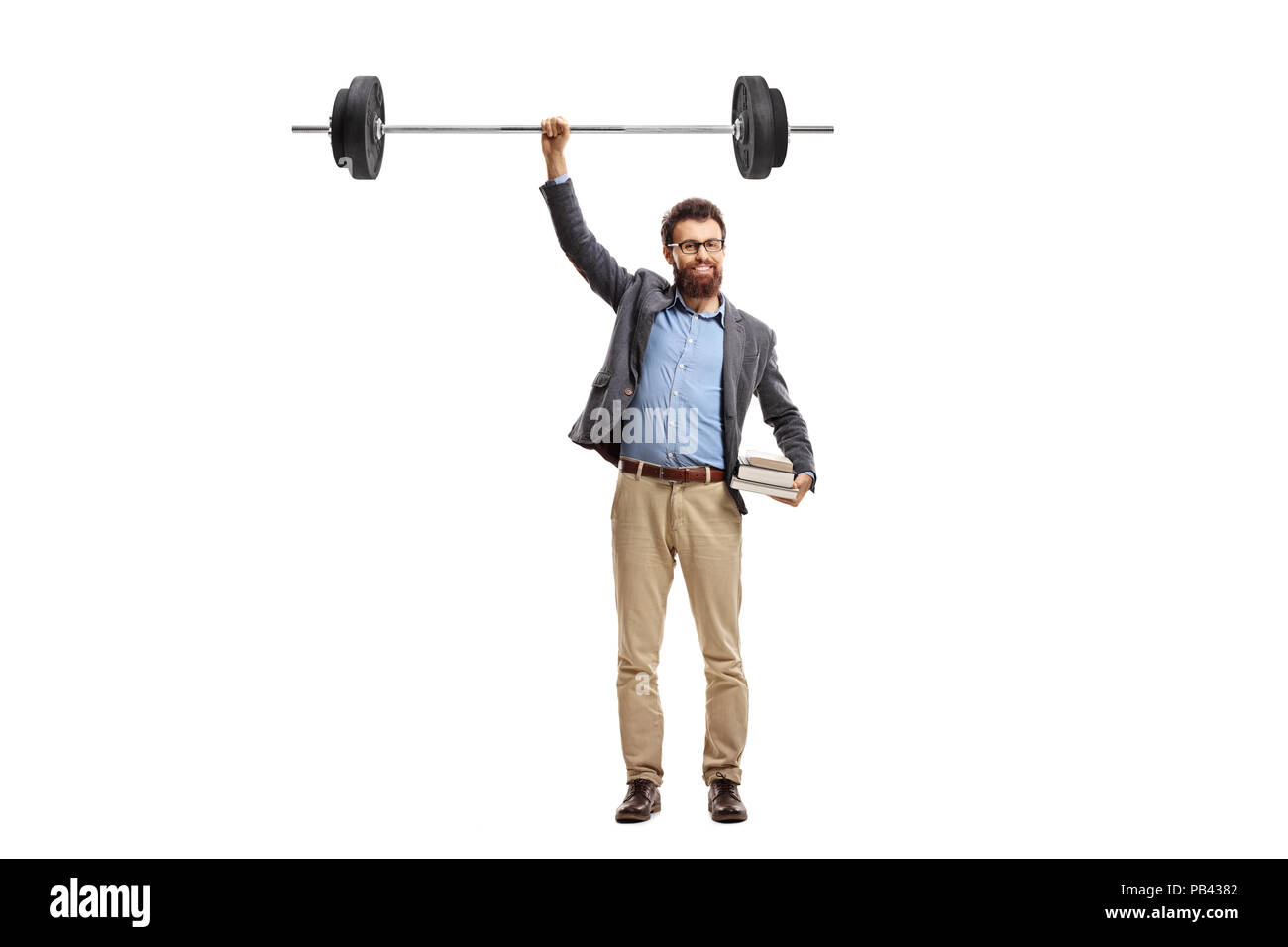 Full length portrait of a professor lifting a barbell with one hand isolated on white background Stock Photo