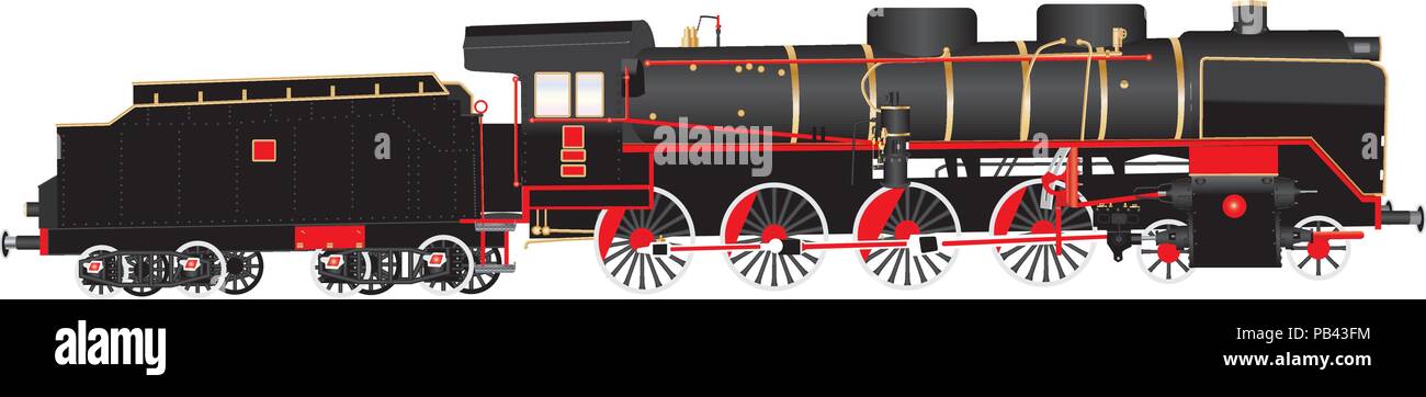 A Heavy duty Red and Black Painted Twelve Wheeler Steam Railway  Locomotive and Eight Wheeled Tender with brass  fittings isolated on white Stock Vector