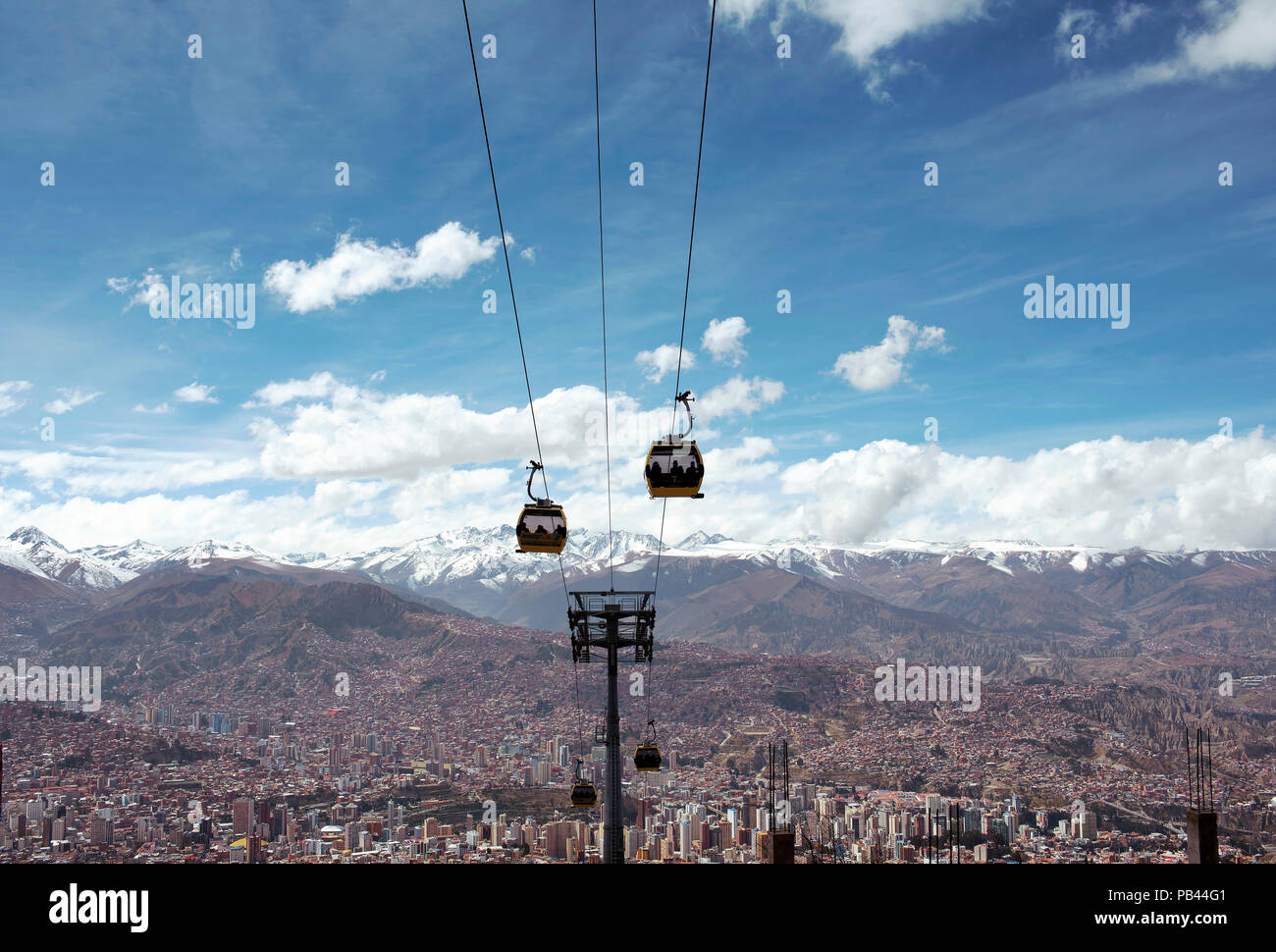 Skyline view of La Paz from the El Alto (Altiplano highlands) with 'Mi Teleferico' (a cable car network that operates as public transport). June 2018 Stock Photo