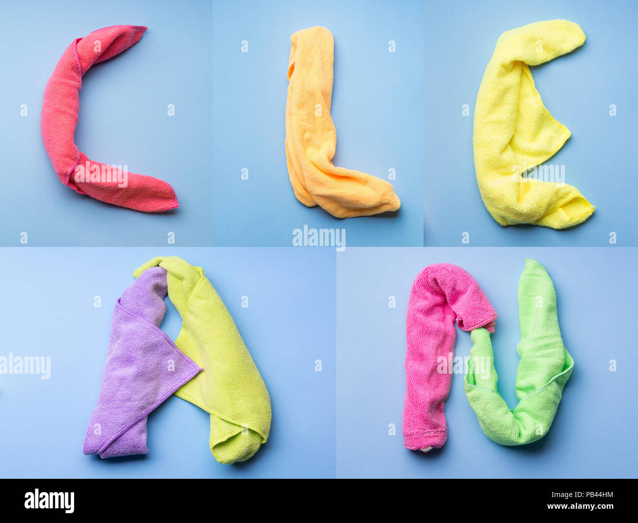 Word Clean written with cleaning cloths as letters on blue pastel