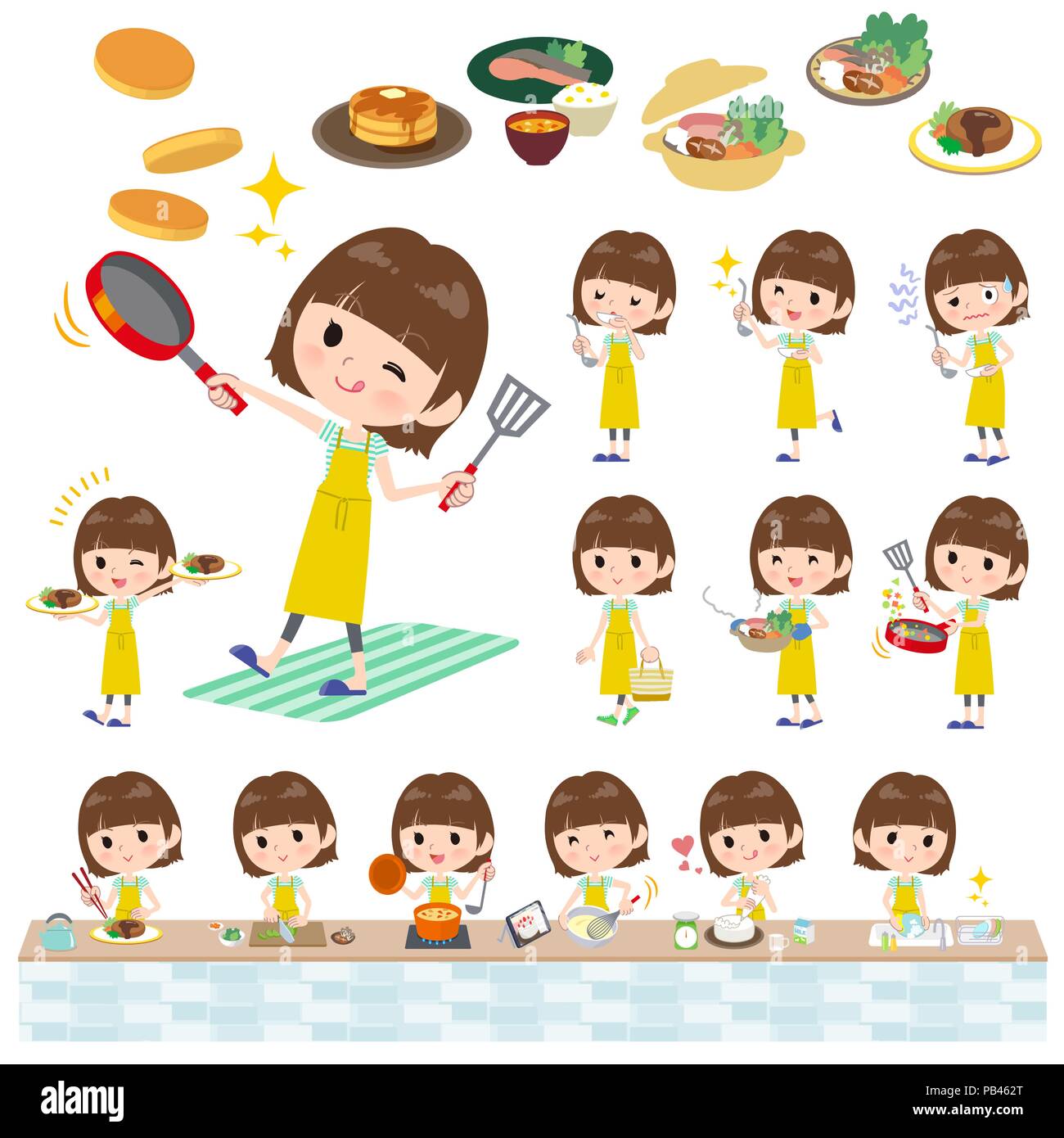 A set of women about cooking.There are actions that are cooking in various ways in the kitchen.It's vector art so it's easy to edit. Stock Vector