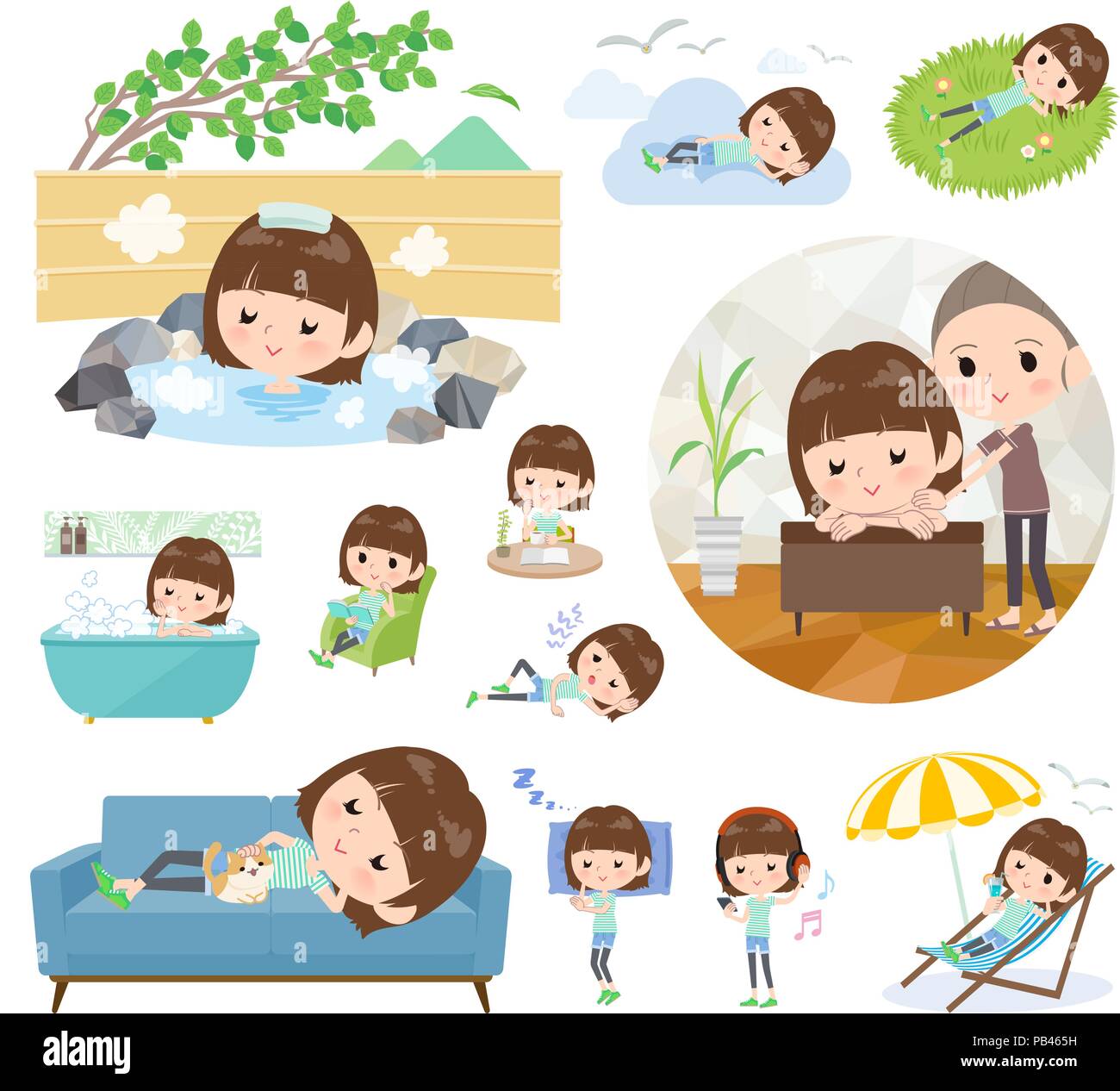 A set of women about relaxing.There are actions such as vacation and stress relief.It's vector art so it's easy to edit. Stock Vector