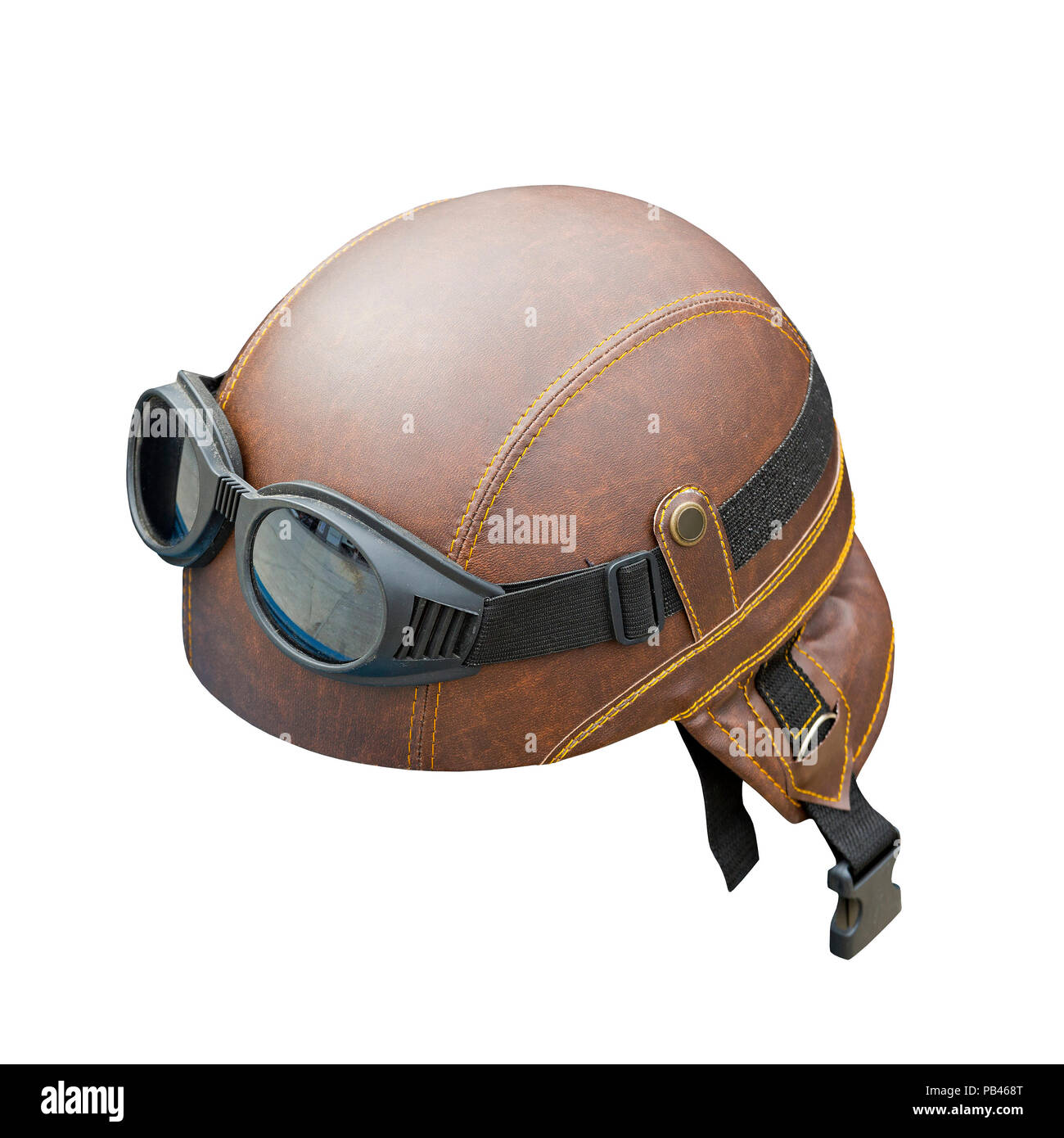 Leather helmet with goggles isolated included clipping path Stock Photo