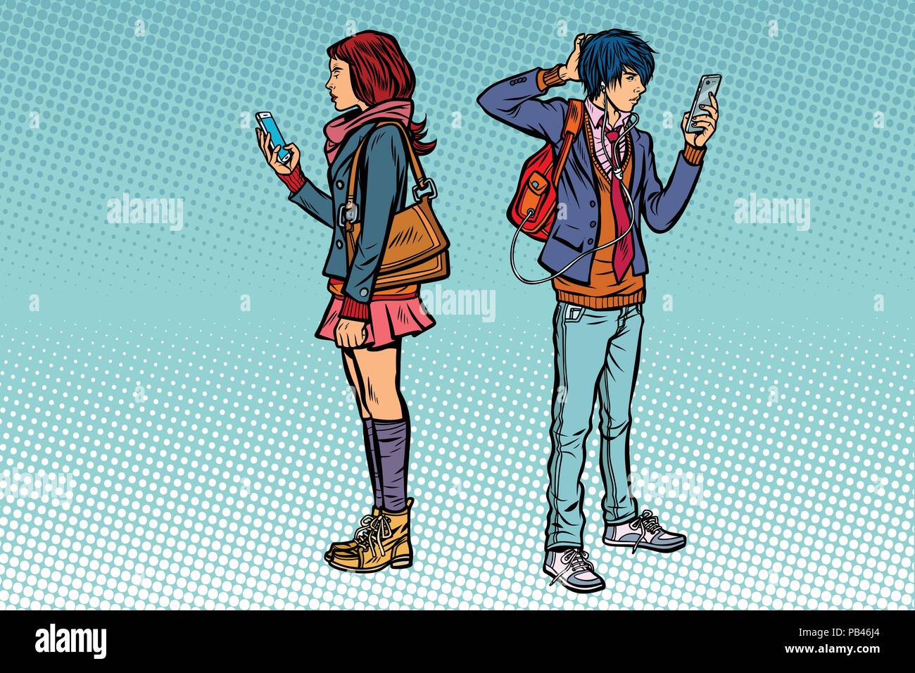 Young man and girl. Teen couple with smartphones Stock Vector