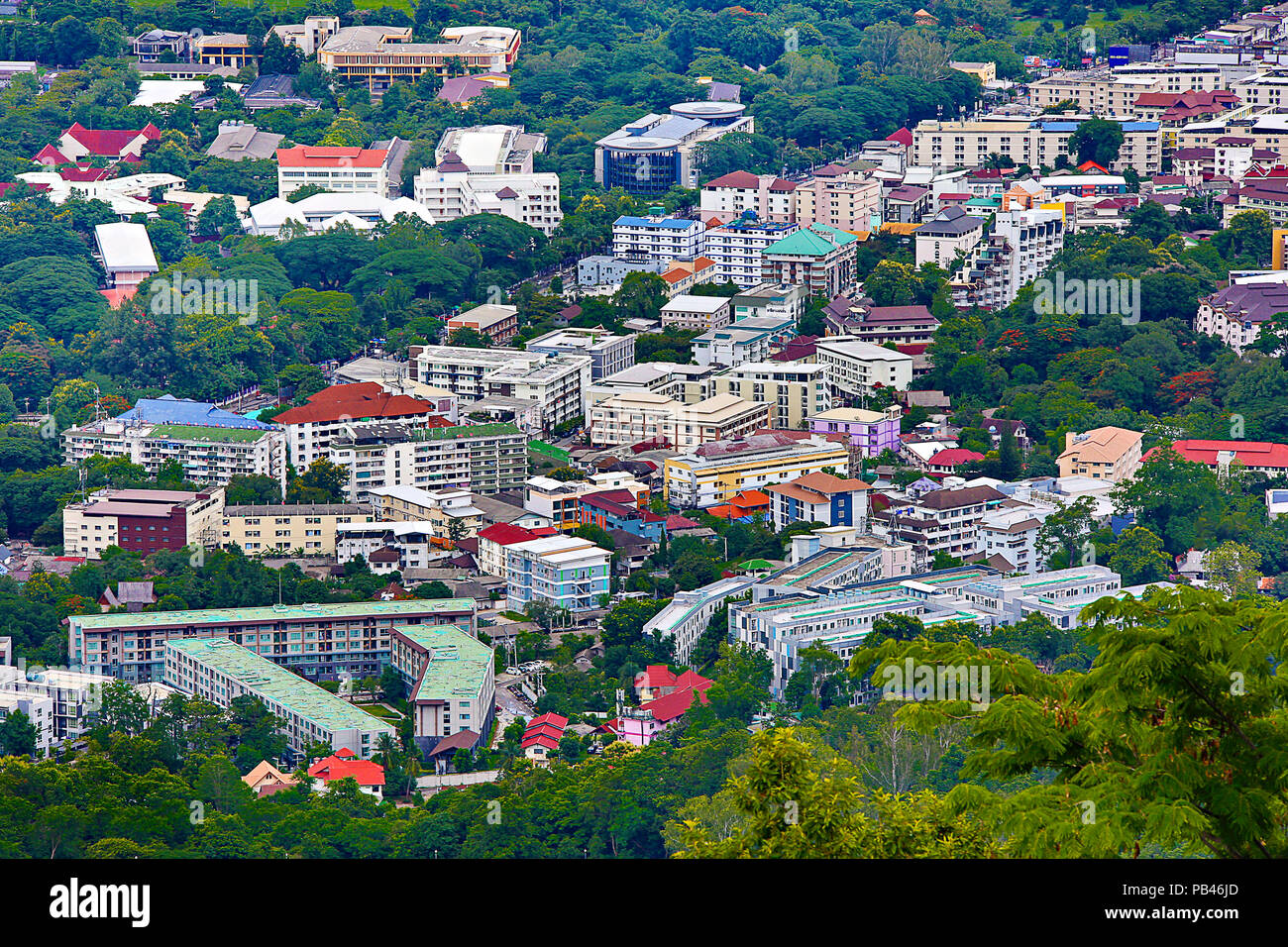 Aerial view over the colorful buildings in Chiang Mai, Thailand. Stock Photo