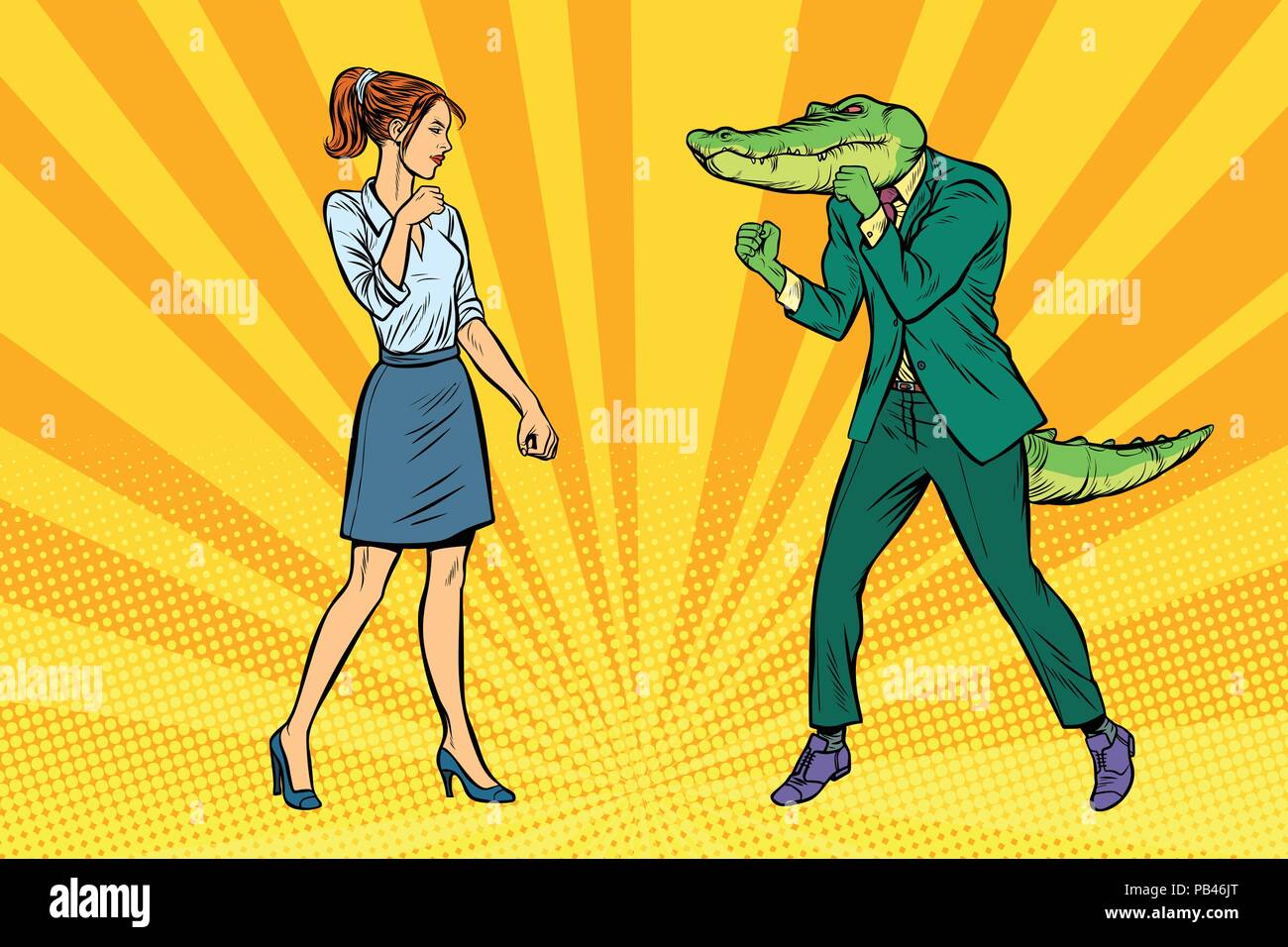 Woman businesswoman Boxing fights with crocodile reptiloid Stock Vector