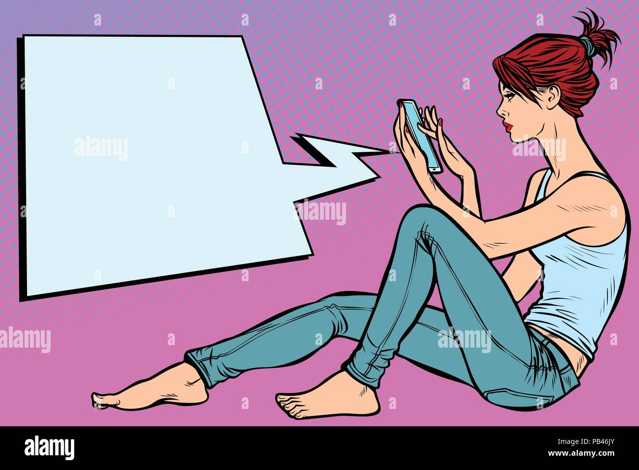 Woman sitting on the floor and reading smartphone Stock Vector