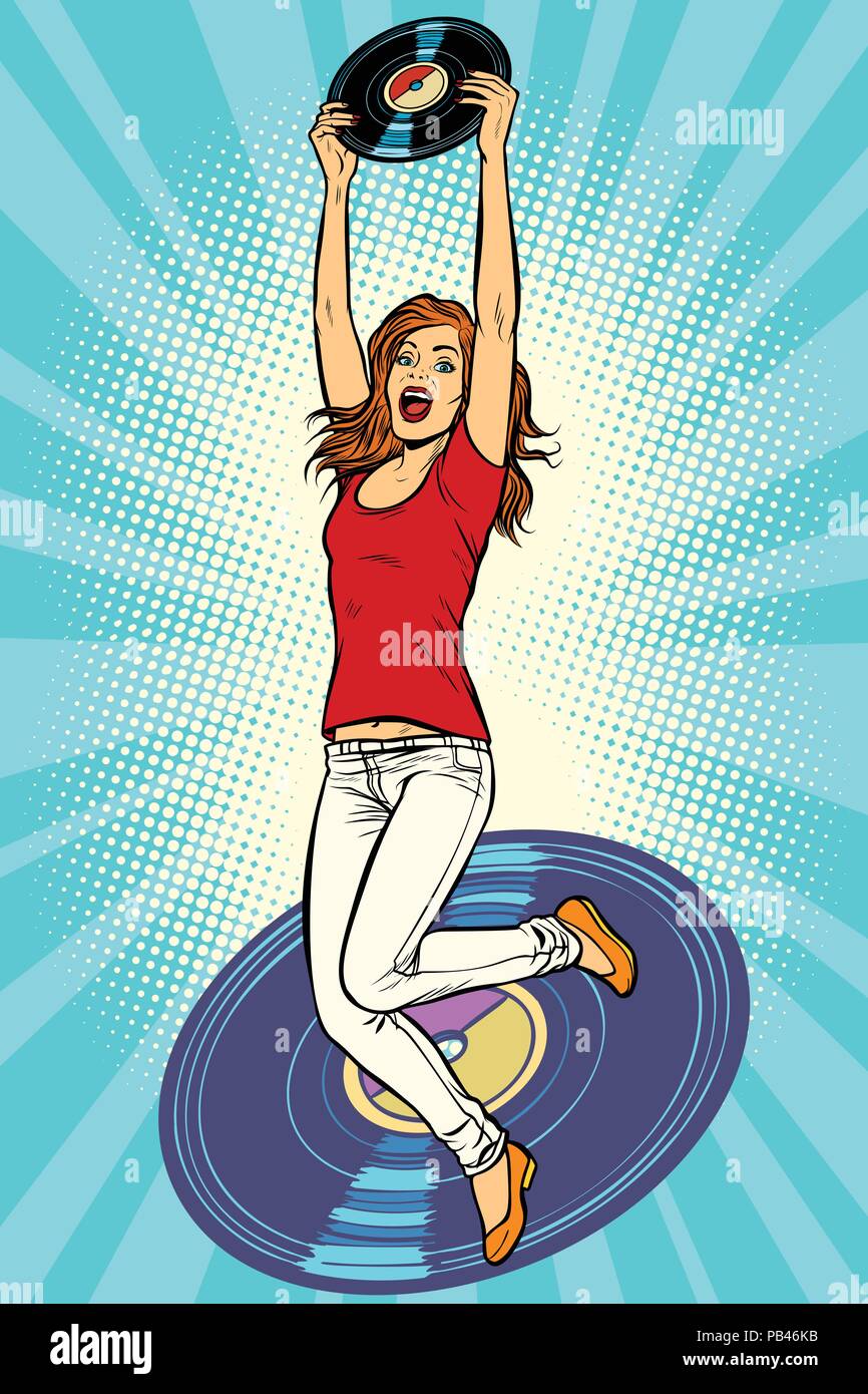 Music and vinyl. Joyful young woman jumping up Stock Vector