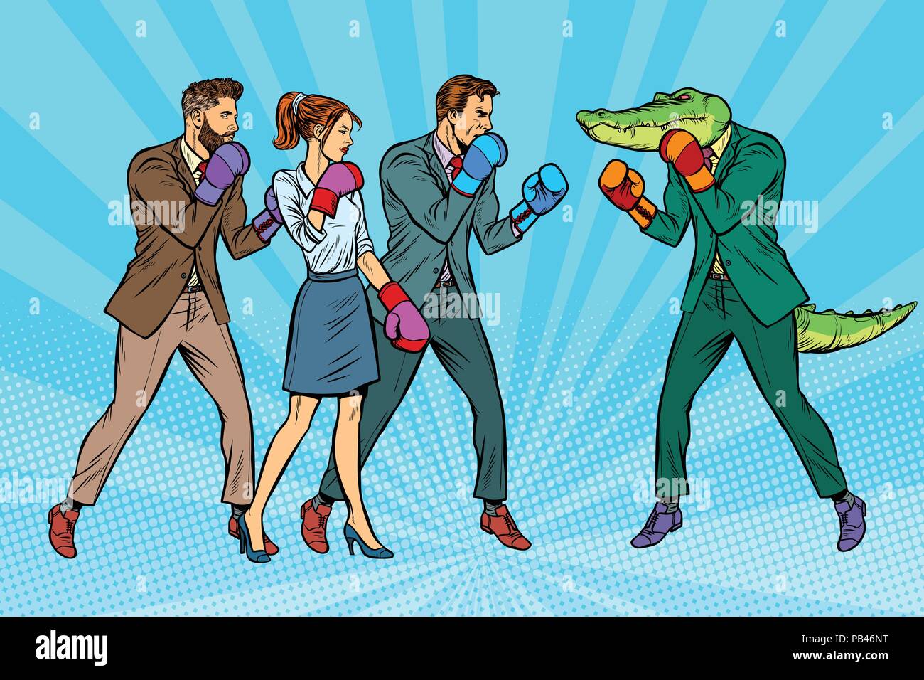 People Boxing a reptilian crocodile Stock Vector