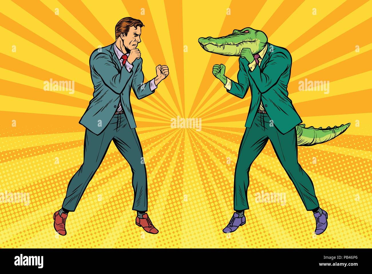 Man Boxing fights with crocodile reptiloid Stock Vector