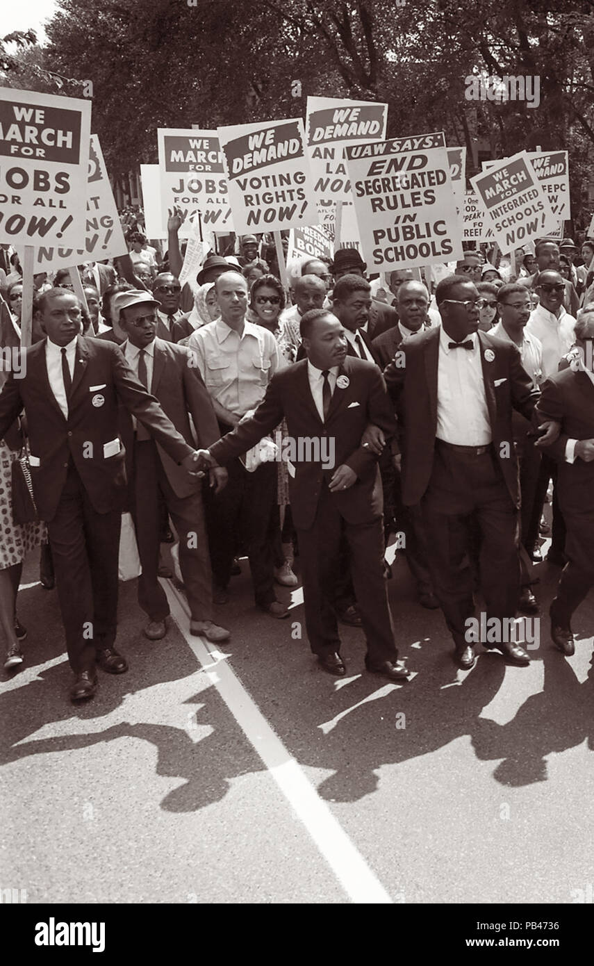 Martin Luther King, Jr. and other civil rights leaders at the head of the March on Washington for Jobs and Freedom on August 28,1963. The march ended at the Lincoln Memorial, where Dr. King delivered his 'I Have a Dream' speech. Stock Photo