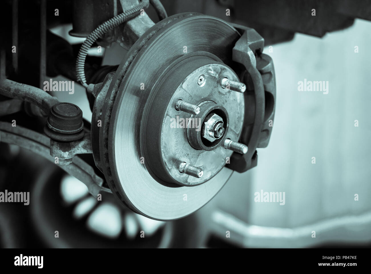 brake disk and detail of the wheel hub - black and white filter effect Stock Photo