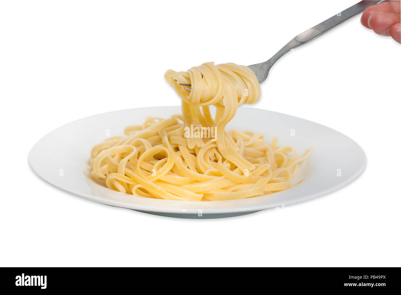 pasta on fork isolated against white. Stock Photo