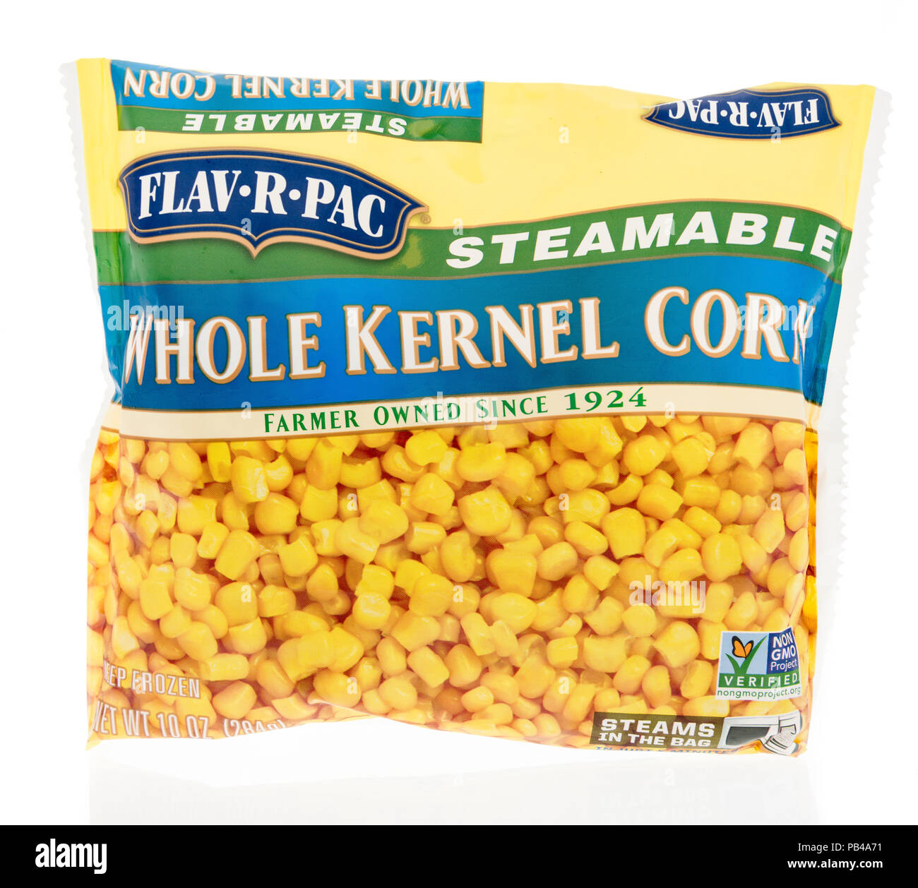 Winneconne, WI - 25 July 2018 -  A bag of Flav-r-pac steamable whole kernel corn on an isolated background. Stock Photo