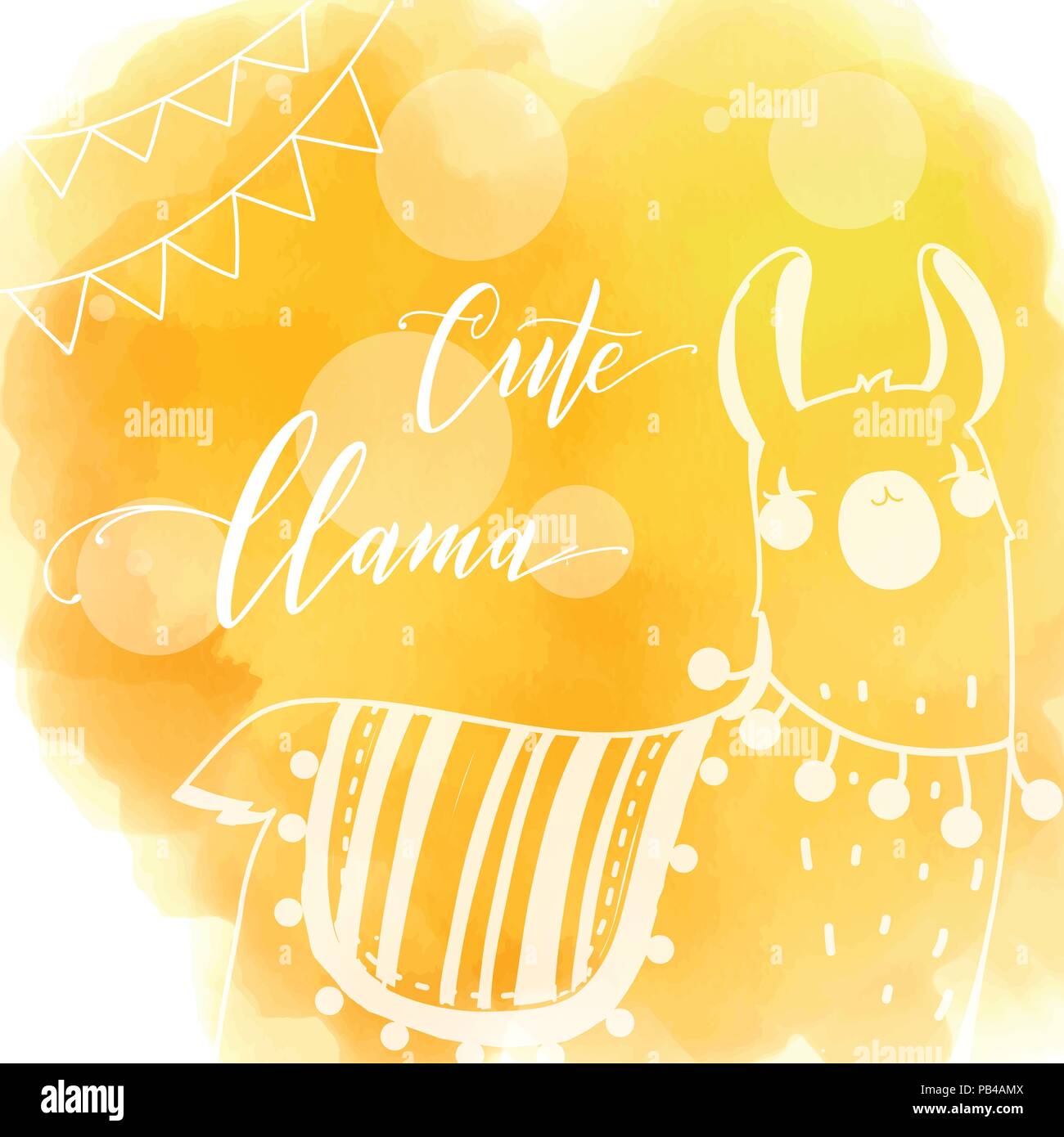 Lama In Cartoon Style On Watercolor Background Hand Drawn Vector