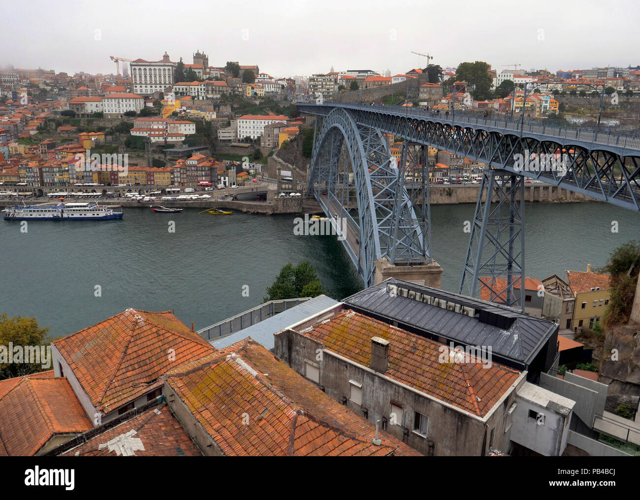Landmark view of the central Ribeira riverside district of the city of Porto, Portugal, taken from the Dom Luis I Bridge on the River Douro Stock Photo