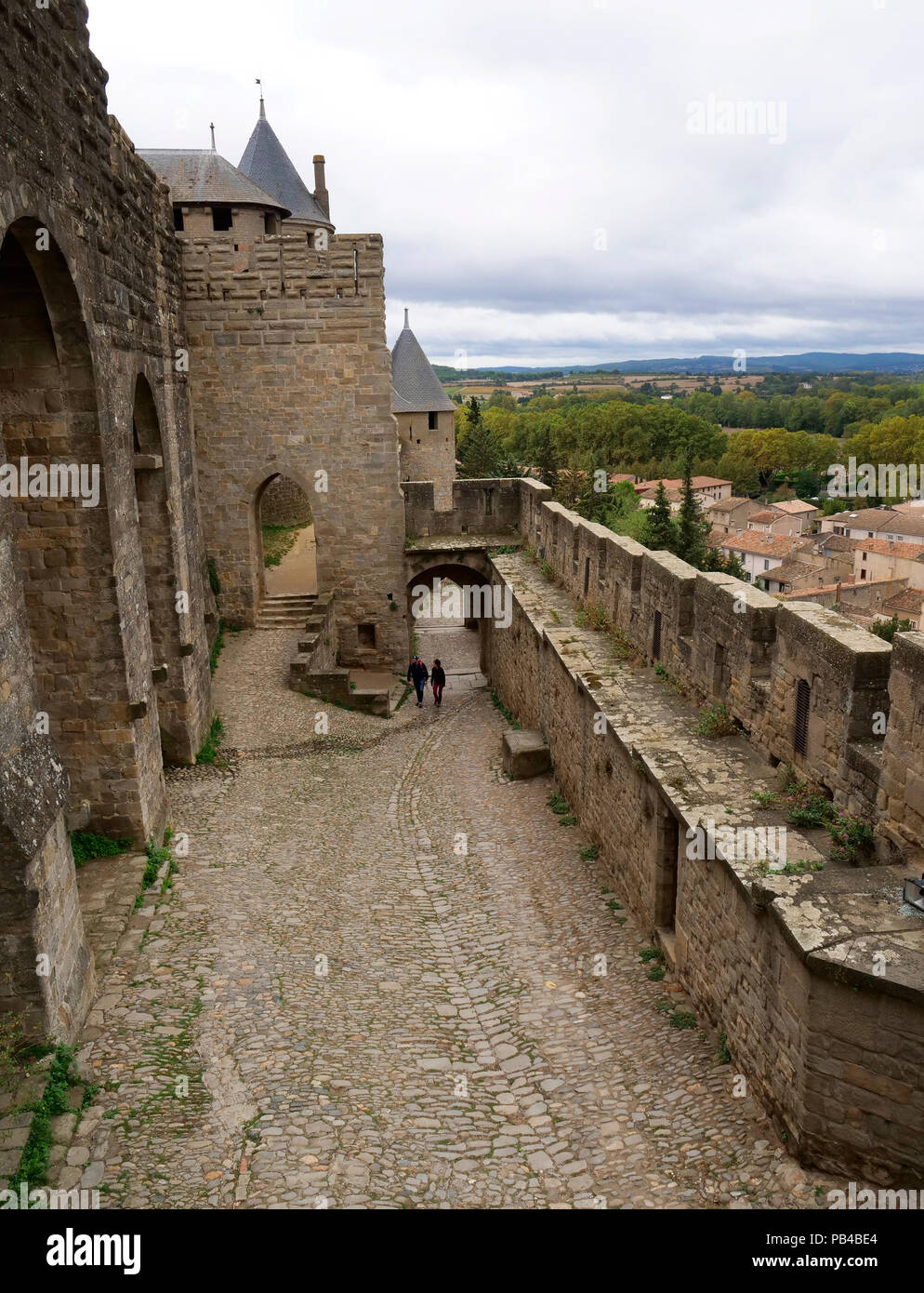 The fortified walls of the city of Carcassonne on the Aude River and Canal du Midi, southern France Stock Photo