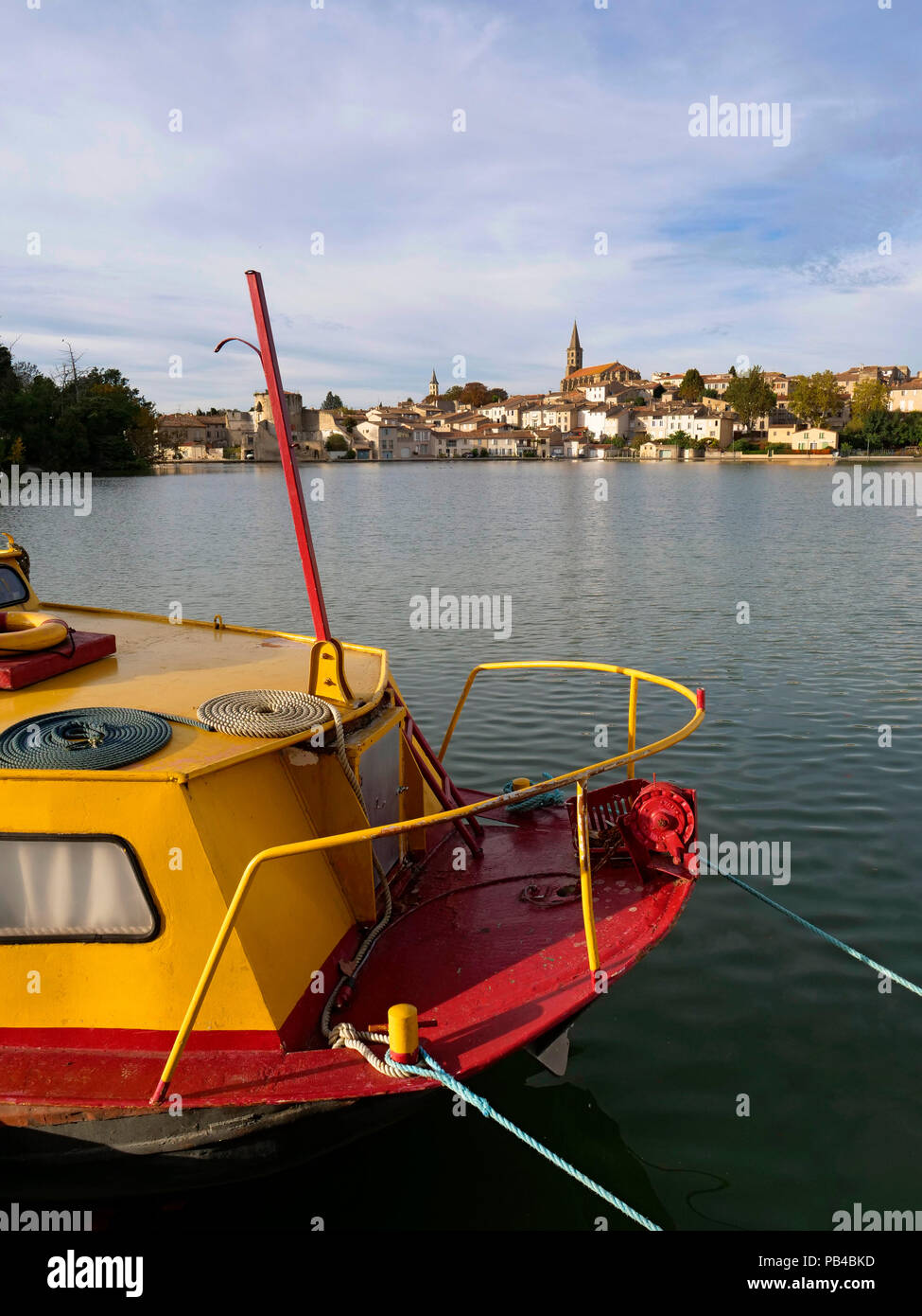 Canal boats moored in the Grand Bassin in Castelnaudary, Lauragais, France, on the Canal du Midi Stock Photo