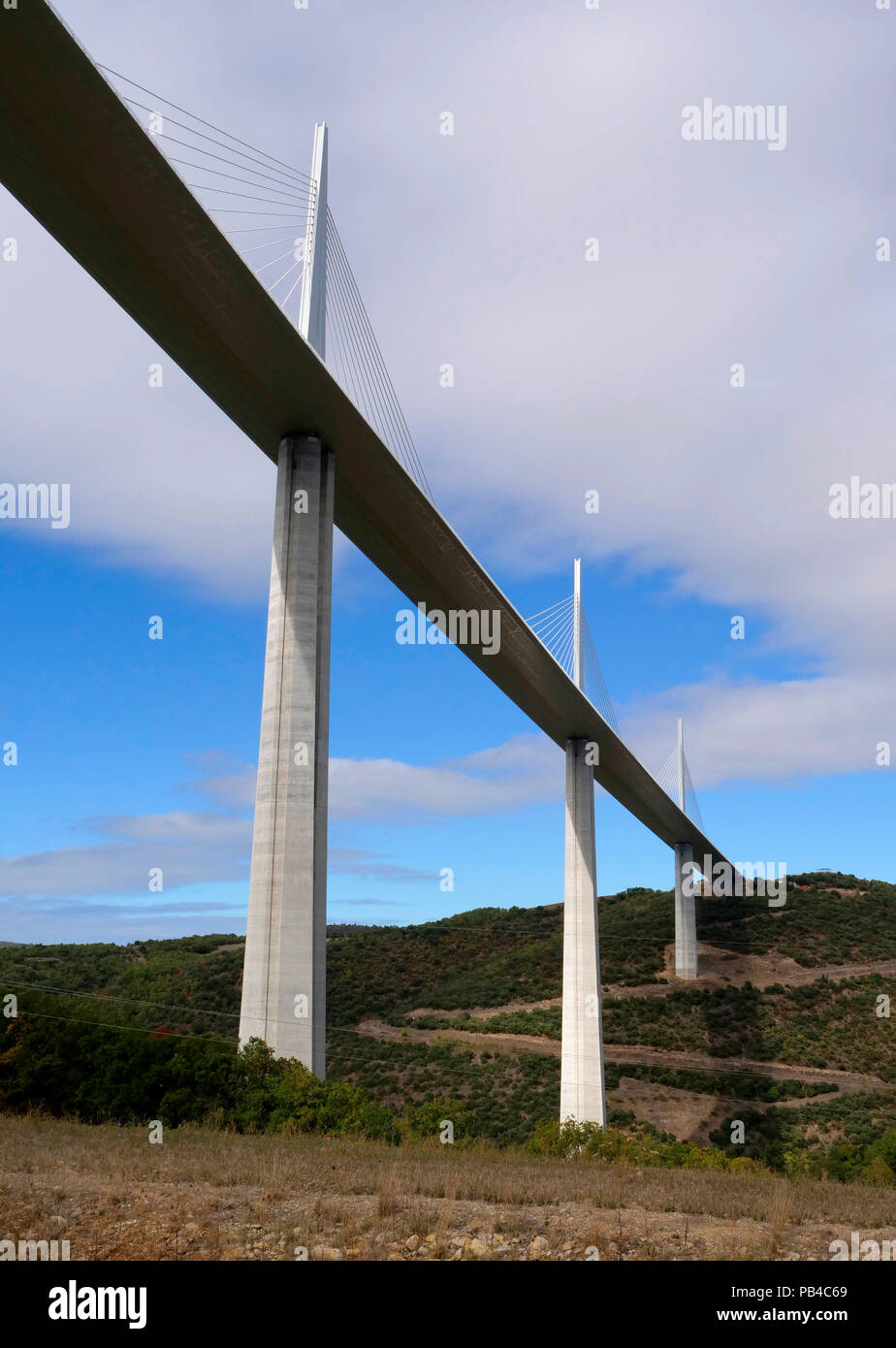 The Millau Viaduct over the Tarn River gorge near Millau in southern France. The Bridge carries the A75 autoroute. Stock Photo