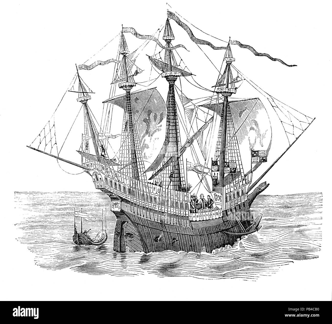 'Henry Grace à Dieu', also known as Great Harry, an English carrack was  Henry VIII's flagship with a crew of 700 to 1,000 men.  She was the first English two-decker and when launched around 1513 was the largest and most powerful warship in Europe and one of the first vessels to feature gunports, with twenty heavy bronze cannon, allowing for a broadside.  But early on it became apparent that the ship was top heavy, plagued with heavy rolling in rough seas and poor stability adversely affected gun accuracy and general performance as a fighting platform. Stock Photo