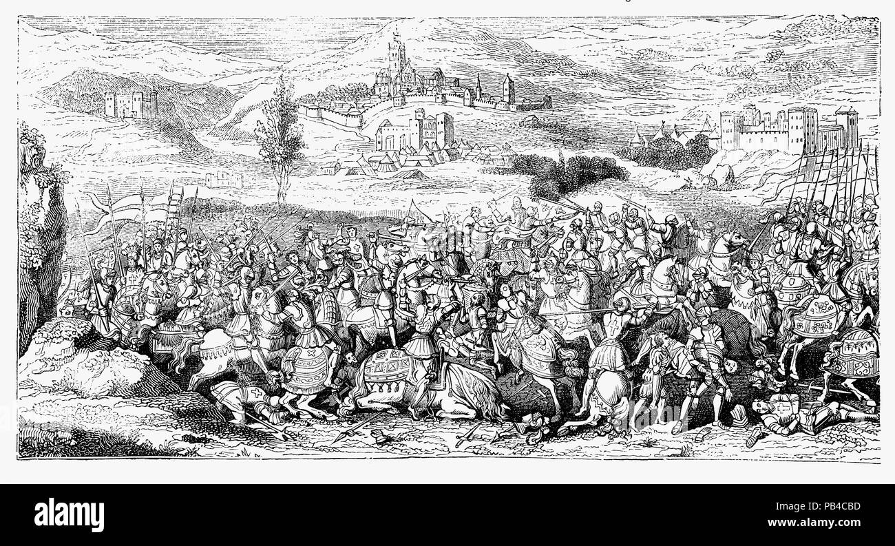 The Battle of the Spurs, or Battle of Guinegate, took place on 16 August 1513. Henry VIII had joined in the Holy League in 1511 with Venice and Spain to defend the Papacy from its enemies and France with military force.  As part of the Holy League, during the ongoing Italian Wars, English and Imperial troops under Henry VIII and Maximilian I surprised and routed a body of French cavalry under Jacques de La Palice. Henry and Maximilian were besieging the town of Thérouanne in Artois (now Pas-de-Calais) and after it fell, Henry VIII besieged and took Tournai. Stock Photo