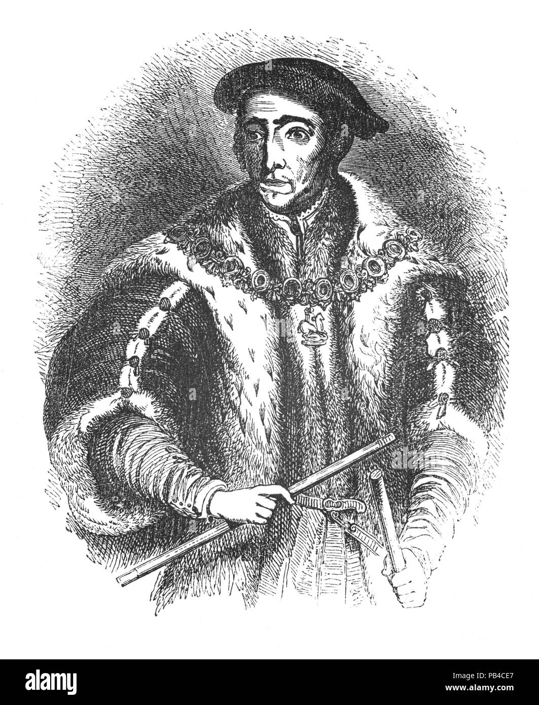 Portrait of Thomas Howard, 3rd Duke of Norfolk (1473-1554),  a prominent Tudor politician. He was an uncle of two of the wives of King Henry VIII of England, namely Anne Boleyn and Catherine Howard, both of whom were beheaded, and he played a major role in the machinations effecting these royal marriages. After falling from favour in 1546, he was stripped of the dukedom and imprisoned in the Tower of London, avoiding execution when King Henry VIII died on 28 January 1547. Stock Photo