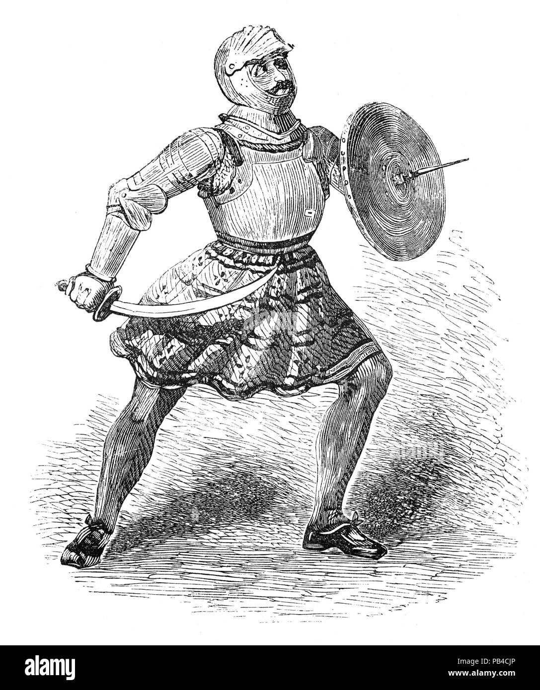 A foot soldier in early 16th Century England.  At that point in history, nearly all were the traditional billmen and longbowmen, both usually equipped with a knee-length leather coat, lined with iron plates and a simple rounded helmet of 'skull' or sallet type. Henry VIII, the only military-minded English monarch of the period, began reform; as well as instituting home production of artillery and armour, he imported weapons in quantity and encouraged the adoption of artillery, the pike, and hand firearms. Stock Photo