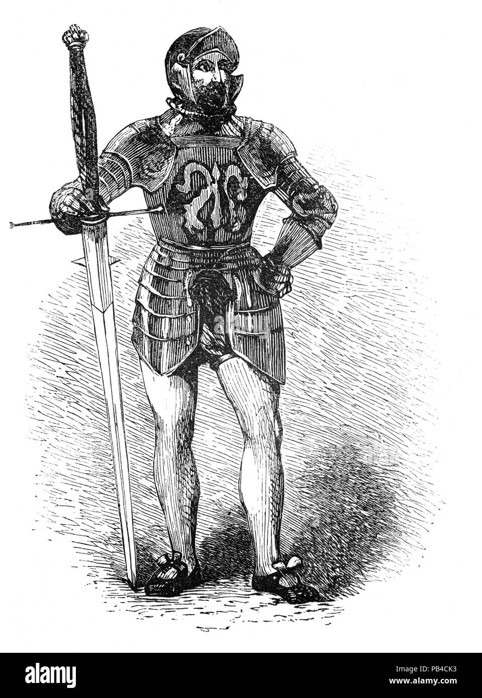 A foot soldier in early 16th Century England.  At that point in history, nearly all were the traditional billmen and longbowmen, both usually equipped with a knee-length leather coat, lined with iron plates and a simple rounded helmet of 'skull' or sallet type. Henry VIII, the only military-minded English monarch of the period, began reform; as well as instituting home production of artillery and armour, he imported weapons in quantity and encouraged the adoption of artillery, the pike, and hand firearms. Stock Photo