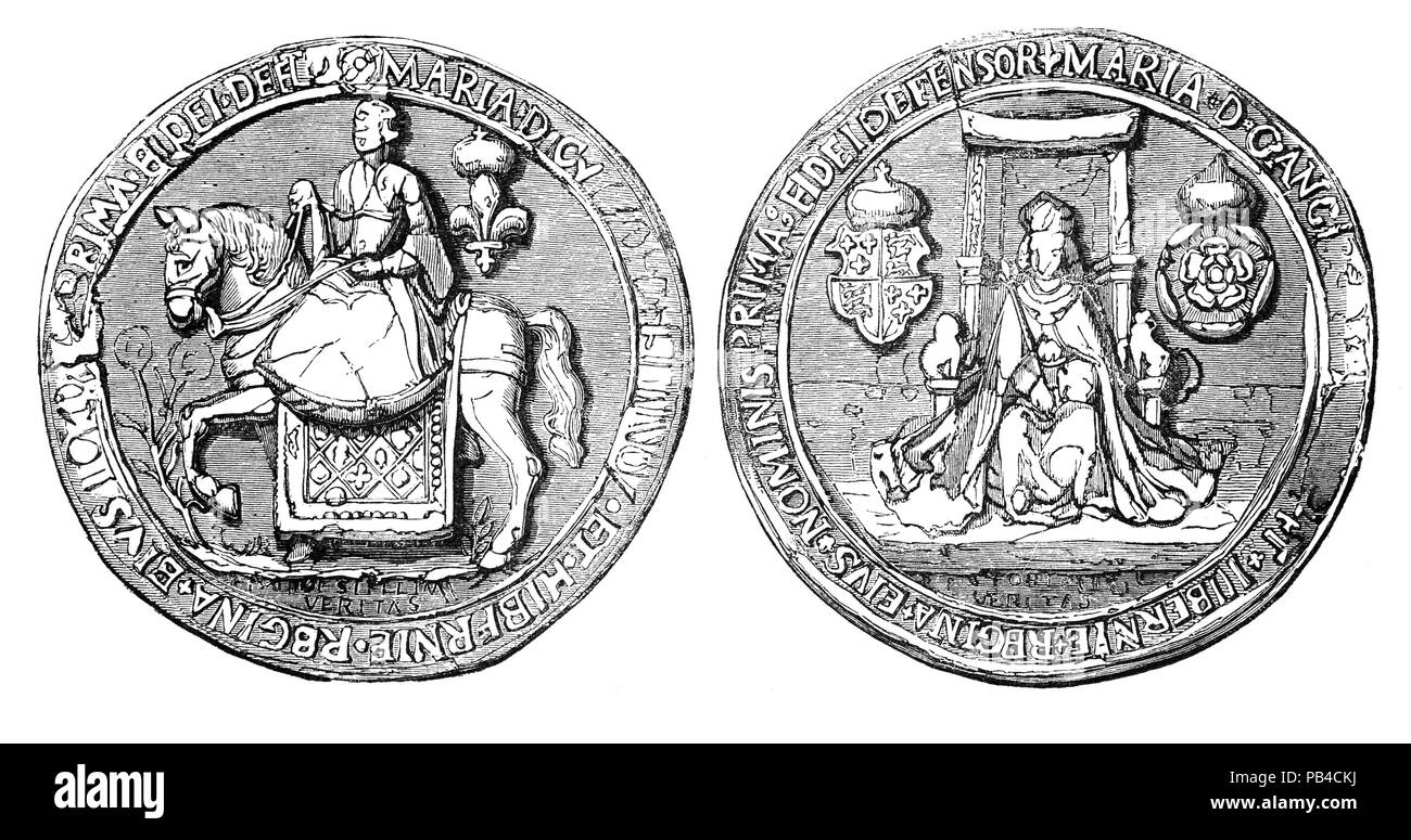 The Great Seal of Mary I (1516-1558), Portrait of Mary I (1516-1558),  Queen of England and Ireland from July 1553 until her death. She was the only child of Henry VIII by his first wife, Catherine of Aragon, to survive to adulthood. Her younger half-brother Edward VI (son of Henry and Jane Seymour) succeeded their father in 1547 at the age of nine, but became mortally ill in 1553.  She is best known  as 'Bloody Mary'  for her aggressive attempt to reverse the English Reformation, which had begun during the reign of her father, Henry VIII. Stock Photo