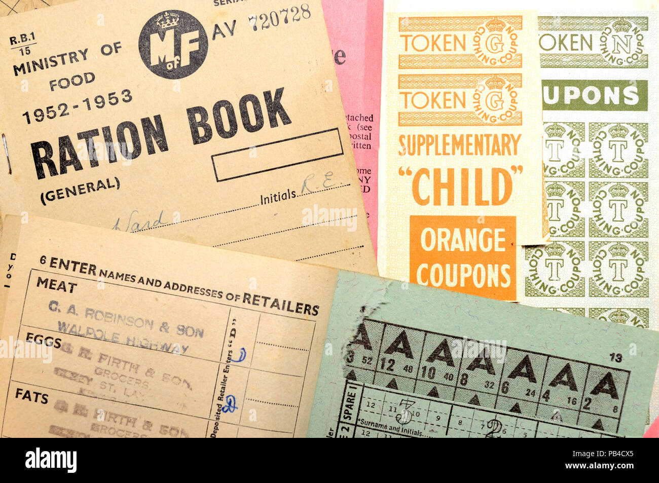 Ration books in use after World War Two to cope with post war shortages - food and clothing coupons Stock Photo