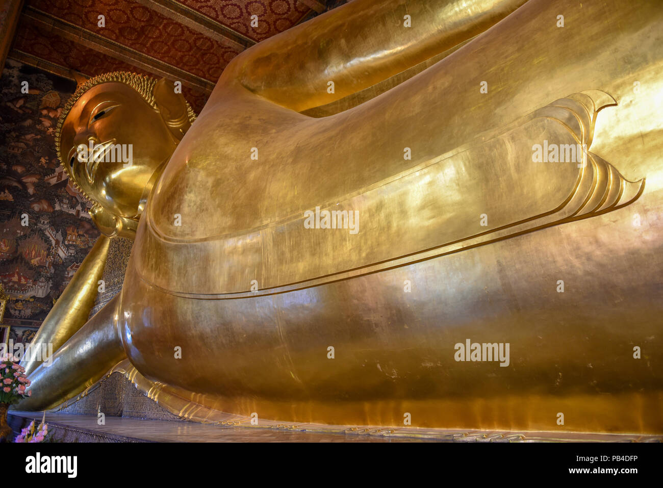 Big golden reclining Buddha of Wat Pho temple in Bangkok, Thailand ...