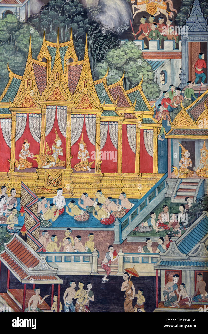Detail of the wall paintings at the Wat Pho Temple, Bangkok, Thailand