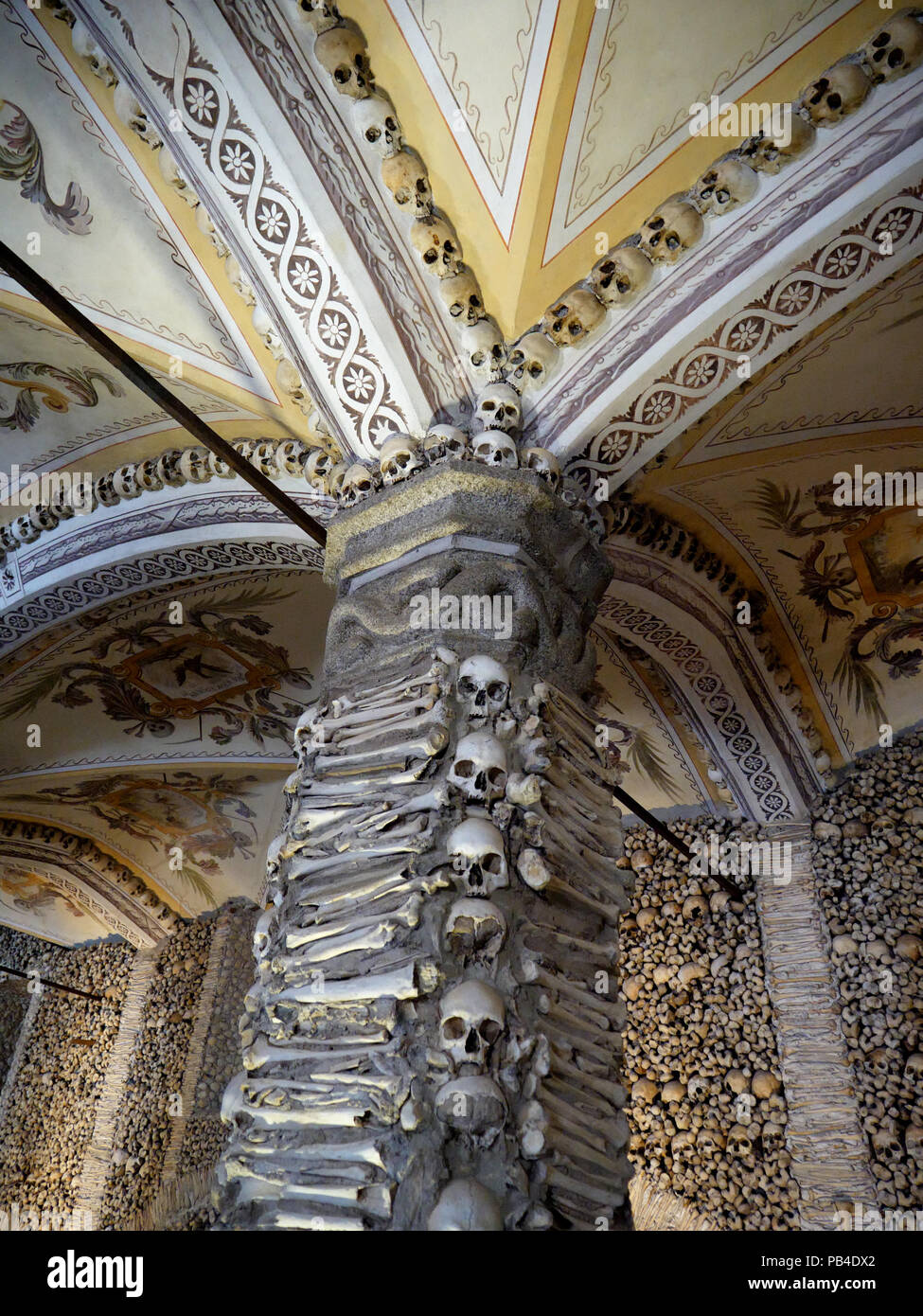 Inside the Capela dos Ossos, the Chapel of Bones, next to the Church of St Francis in the ancient walled city of Evora, Portugal Stock Photo