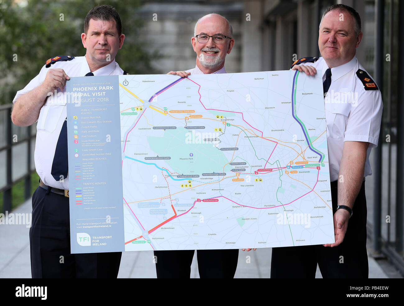 Tim Gaston, National Transport Authority (centre) with Superintendent Tom Calvey (left) and Superintendent Tom Murphy during a briefing in relation to public safety and transport information concerning the visit of Pope Francis to Ireland next month, the first papal visit to Ireland since 1979. Stock Photo