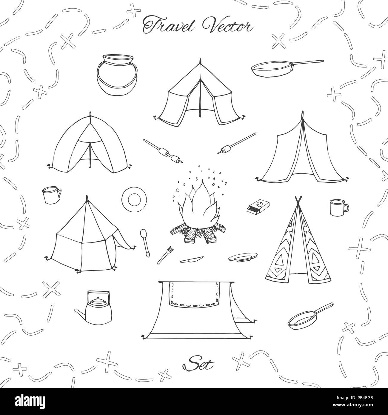 Hand drawn vector camping set with tents, bonfire, kettle, plates, cauldron and pan outline. Travel contours collection isolated on the white backgrou Stock Vector