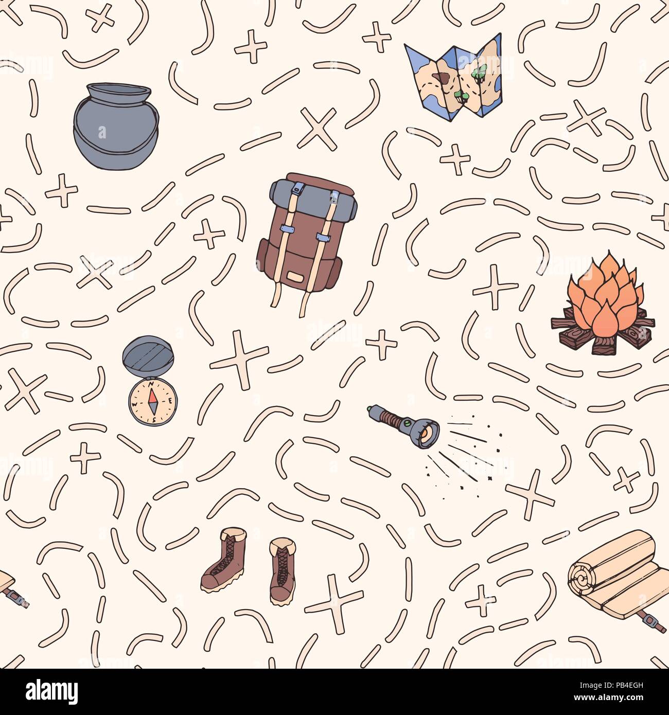 Hand drawn vector camping seamless pattern with backpack, bonfire, shoes, map, cauldron, sleeping bag, flashlight, compass and path to location. Trave Stock Vector