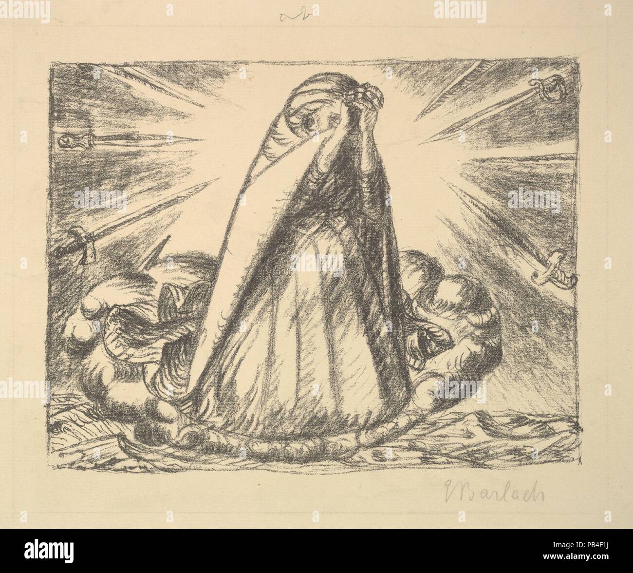 Dona Nobis Pacem!  [Give Us Peace!]. Artist: Ernst Barlach (German, Wedel 1870-1938 Rostock). Dimensions: image: 7 x 9 1/8 inches (17.8 x 23.2 cm). Printer: Pan-Presse, Berlin. Publisher: Paul Cassirer. Series/Portfolio: Der Bildermann, Nr. 18 vom 20 December 1916. Date: 1916.  Barlach's call for peace was published on the cover of the December 1916 issue of the art journal Der Bildermann (The Picture Man). The image shows a mournful Madonna with hands clutched in a prayer for peace; the seven swords symbolize her sorrows as well as those inflected by the war, making her representative of all  Stock Photo