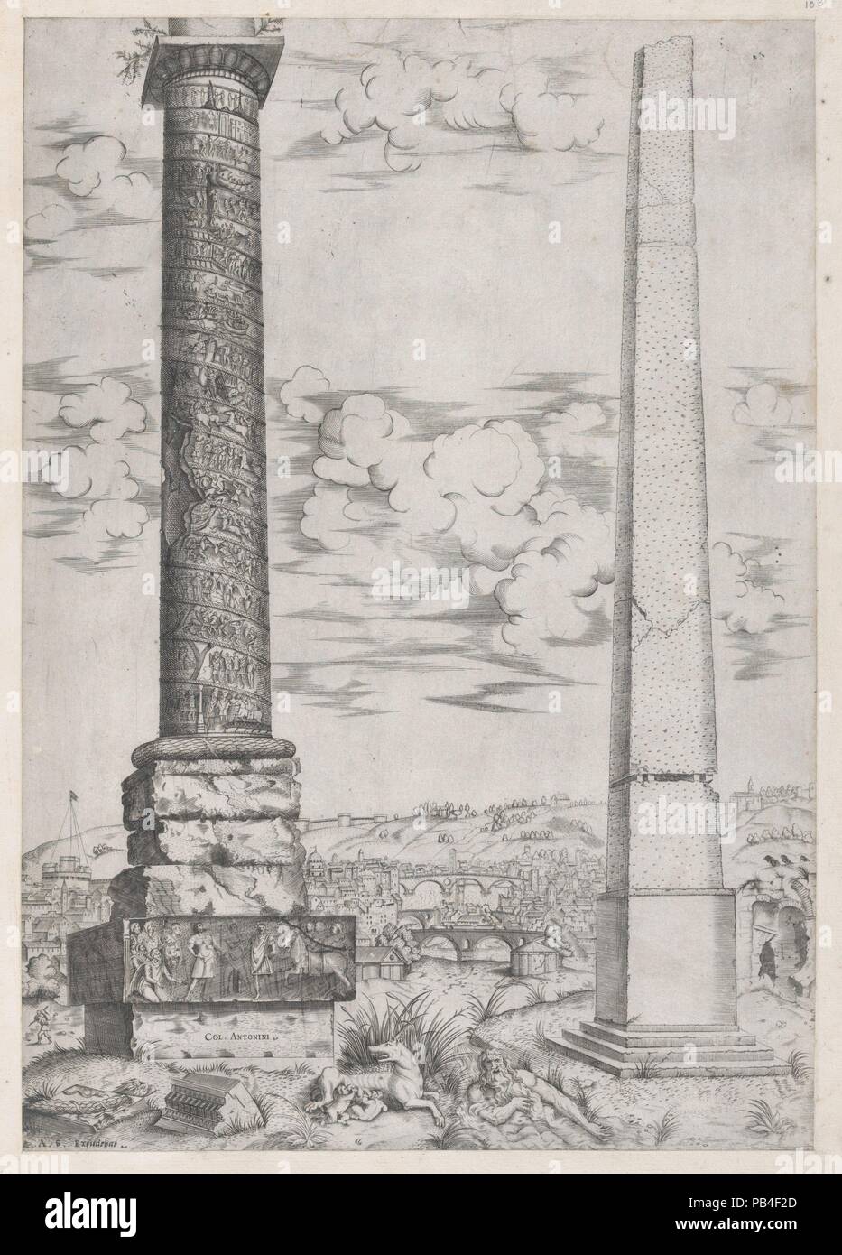 Speculum Romanae Magnificentiae: Column of Antoninus and a Roman Obelisk. Artist: Attributed to Enea Vico (Italian, Parma 1523-1567 Ferrara). Dimensions: mount: 17 15/16 x 12 5/8 in. (45.5 x 32 cm)  sheet: 22 1/16 x 16 3/4 in. (56.1 x 42.6 cm). Publisher: Antonio Lafreri (French, Orgelet, Franche-Comte ca. 1512-1577 Rome). Series/Portfolio: Speculum Romanae Magnificentiae. Date: ca. 1543-70.  This print comes from the museum's copy of the Speculum Romanae Magnificentiae (The Mirror of Roman Magnificence) The Speculum found its origin in the publishing endeavors of Antonio Salamanca and Antonio Stock Photo
