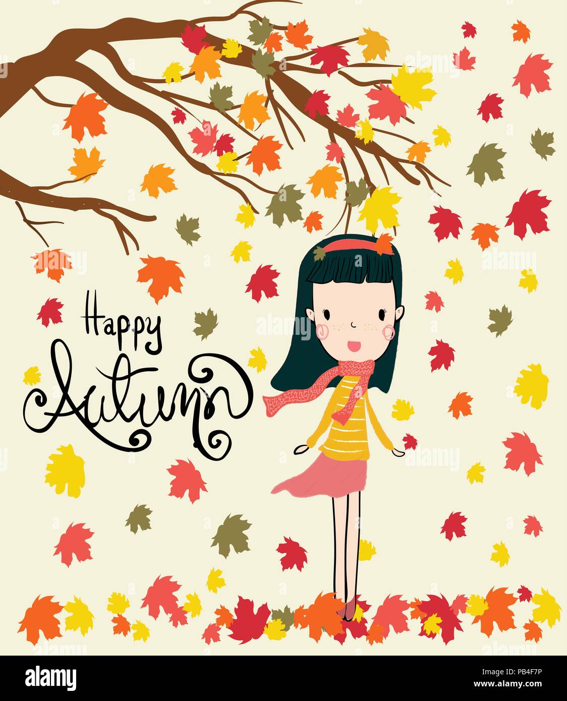 vector a girl standing under dry leaves falling tree in autumn season, wind blow with Hello autumn word Stock Vector