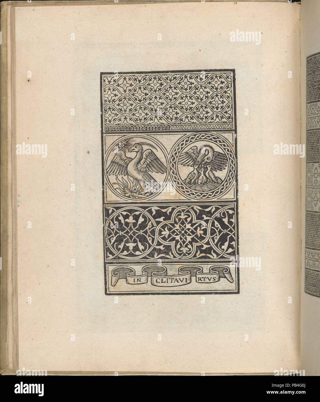 Trionfo Di Virtu. Libro Novo..., page 9 (verso). Dimensions: Overall: 9 13/16 x 7 7/8 in. (25 x 20 cm). Publisher: Matteo Pagano (Italian, 1515-1588) , Venice. Date: 1563.  Published by Matteo Pagano, Italian, 1515-1588, Venice.  From top to bottom, and left to right:  Design composed of 4 horizontal registers. First register is decorated with a pattern of mandorlas that each frame a 4-petaled flower in the center. Second register is decorated with 2 circles: left circle frames a bird standing on branches and right circle frames a bird feeding her babies in a nest. Third register is decorated  Stock Photo