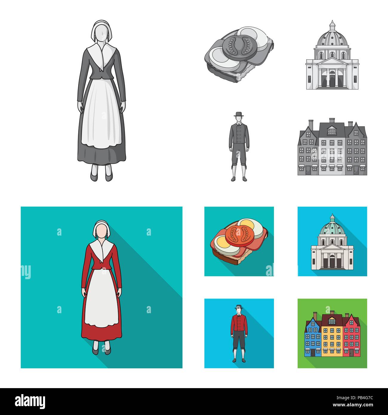 Denmark, history, restaurant, and other icon in monochrome,flat style.Sandwich, food, bread icons in set collection Stock Vector