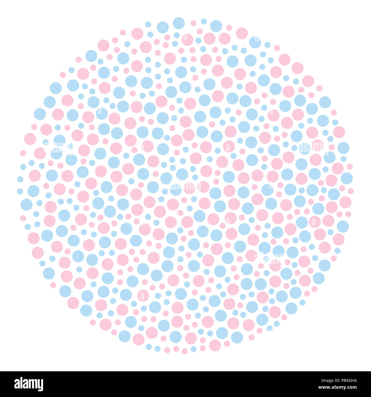 Circle shaped background made of dots, colored in baby blue and baby pink. Circular area made of randomly placed colored little spots. Spotted area. Stock Photo