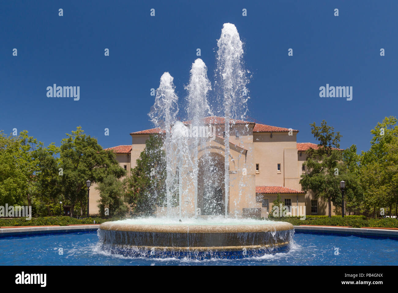 STANFORD, UNITED STATES - July 6: Stanford Hoover Tower Fountain on the campus of historic Stanford University. July 6, 2013. Stock Photo