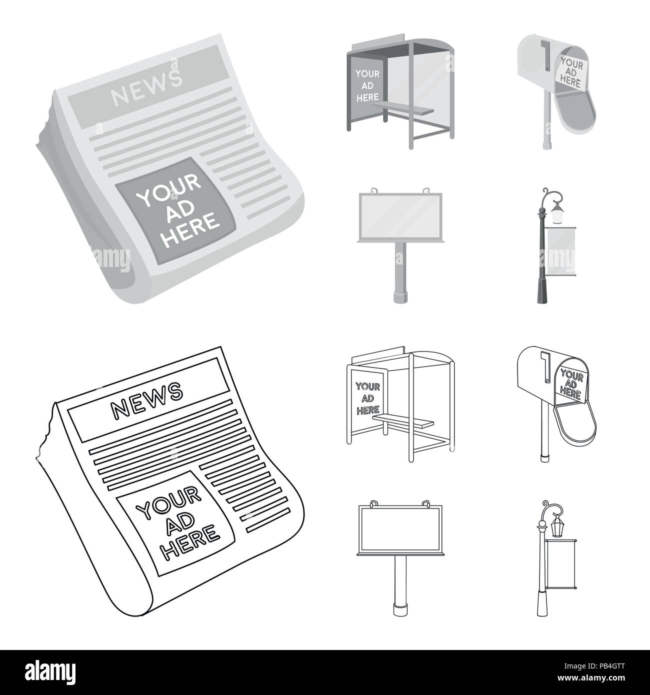 Newspapers, a bus stop, a mail box, a billboard.Advertising,set