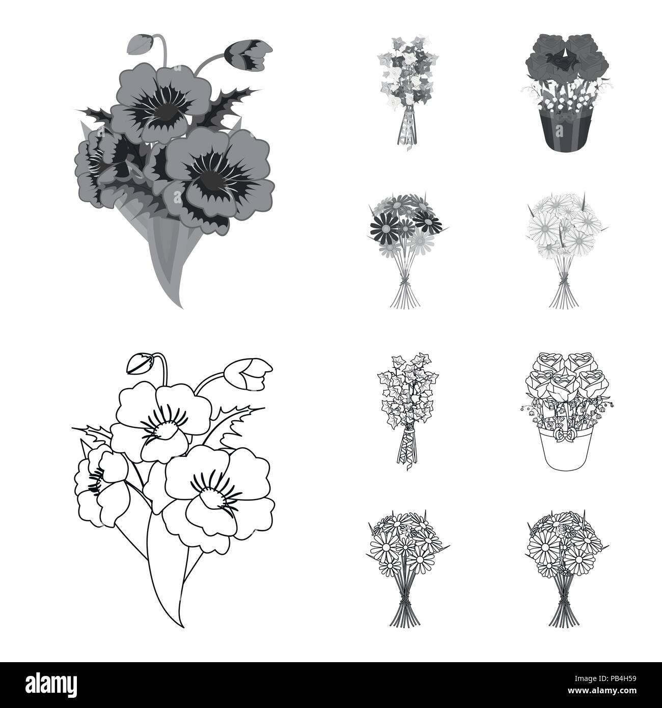 A bouquet of fresh flowers outline,monochrome icons in set collection ...