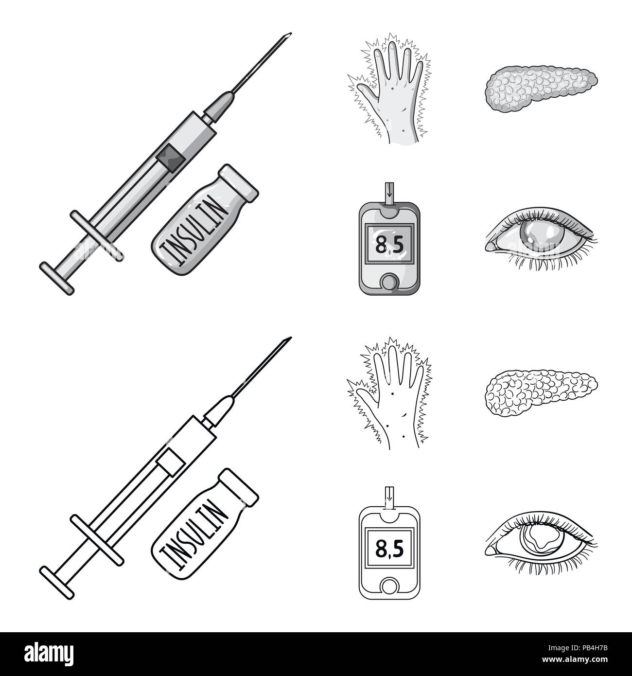 Syringe with insulin, pancreas, glucometer, hand diabetic. Diabet set ...