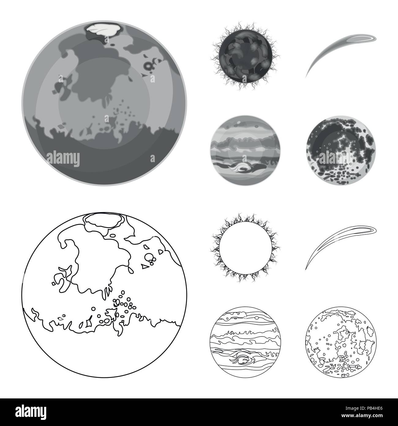 Earth, Jupiter, the Sun of the Planet of the Solar System. Asteroid, meteorite. Planets set collection icons in outline,monochrome style vector symbol Stock Vector