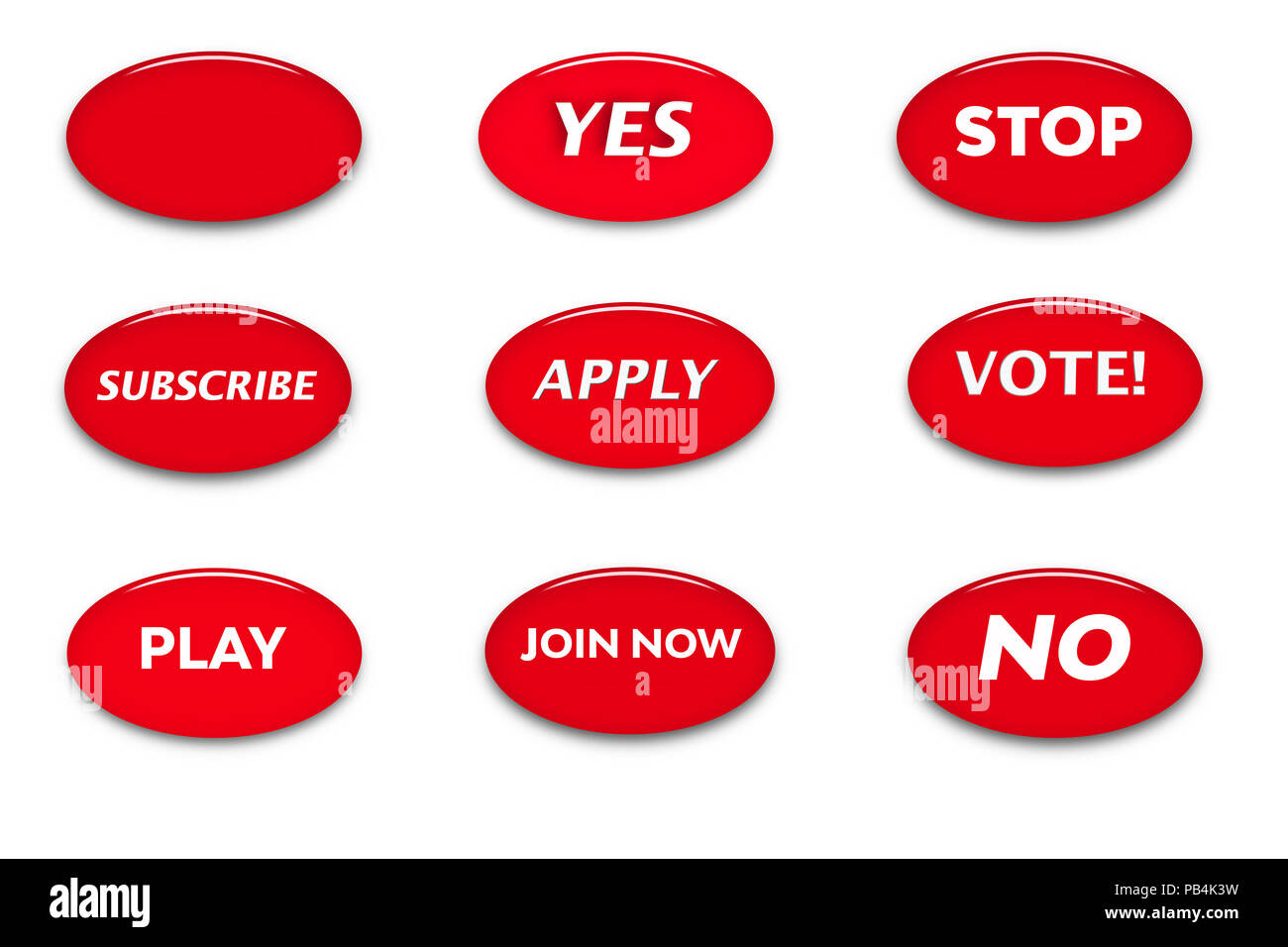 Set of buttons with words of motivation. White text on red background